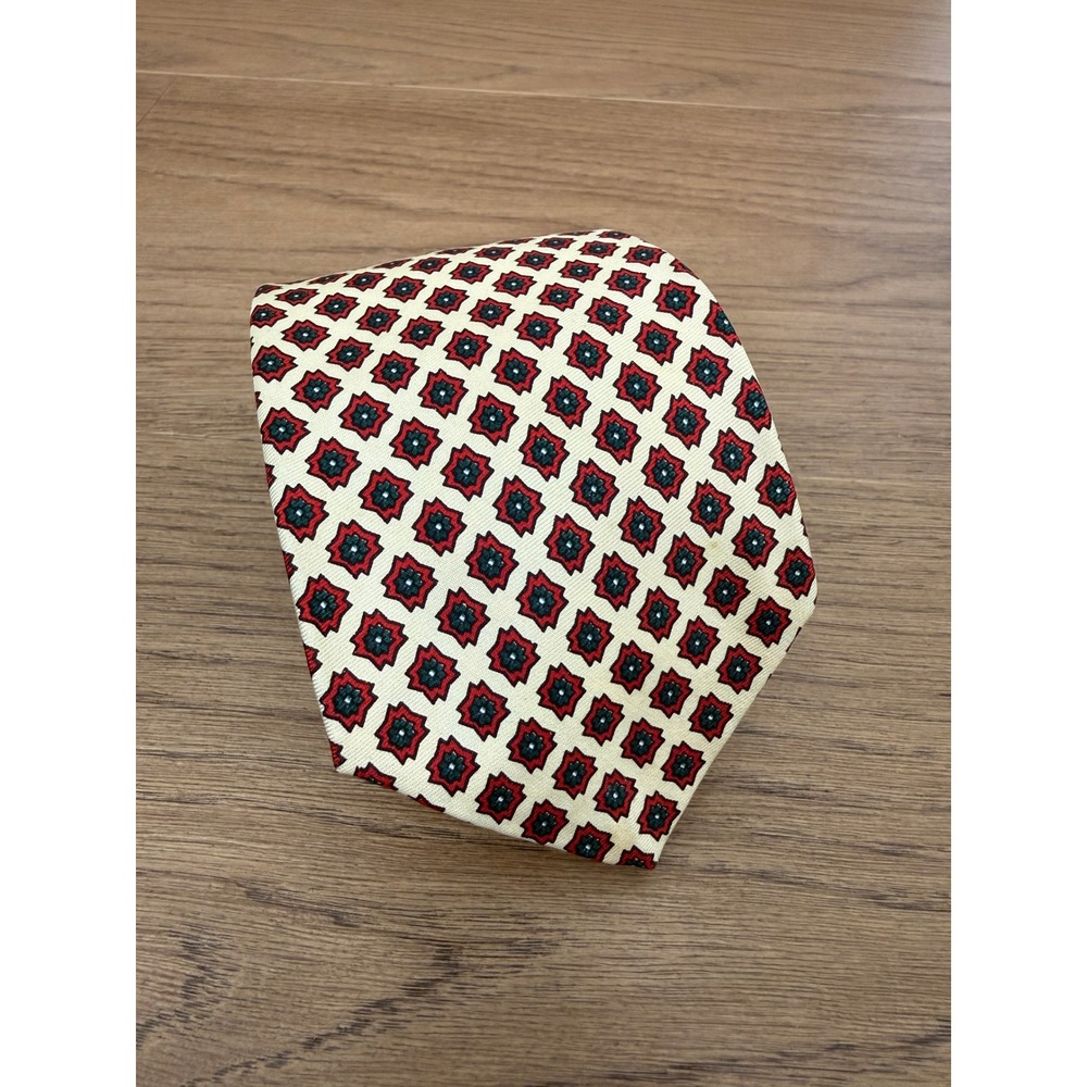 Brooks Brothers Makers Silk Tie Cream Red Geometric Medallion England 3.25in